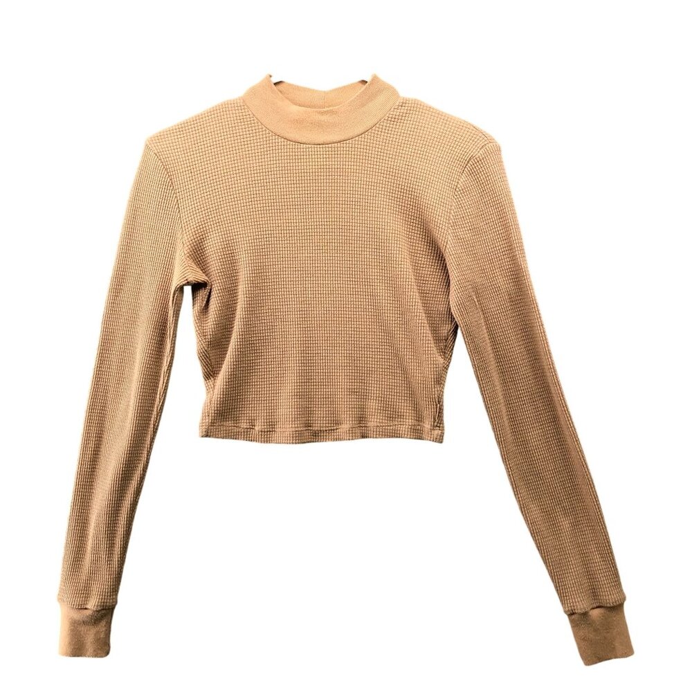 Aritzia TNA Waffle‎ Knit Cropped Long Sleeve T Shirt Womens S Tan High Neck